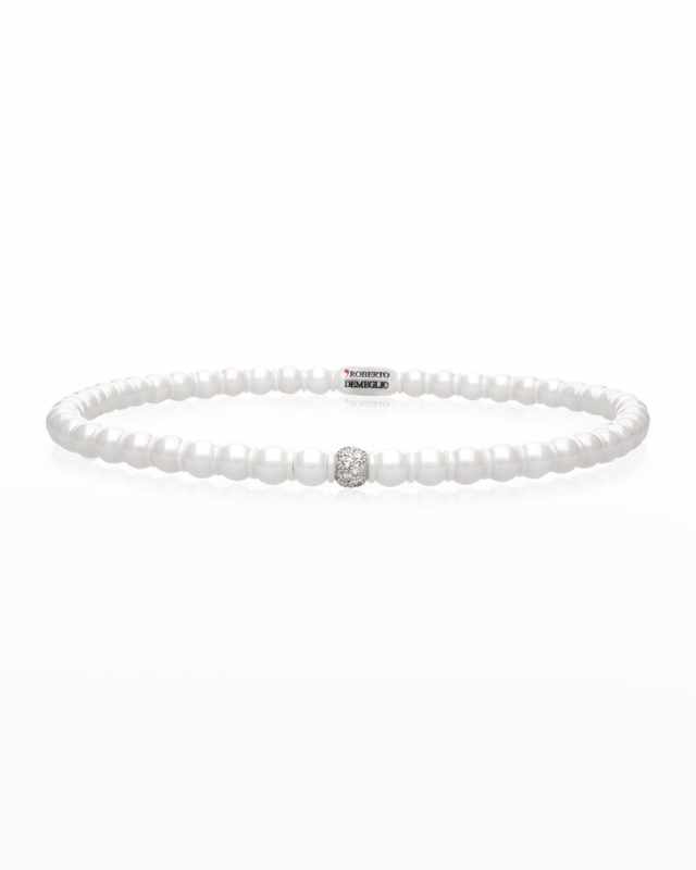 White Gold and White Ceramic Sfera Stretch Bracelet with One Diamond Bead